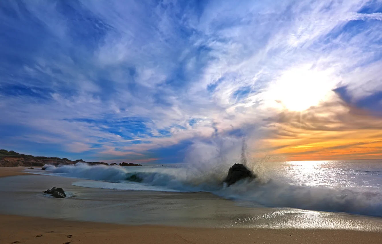 Photo wallpaper sand, sea, wave, the sky, clouds, shore, surf