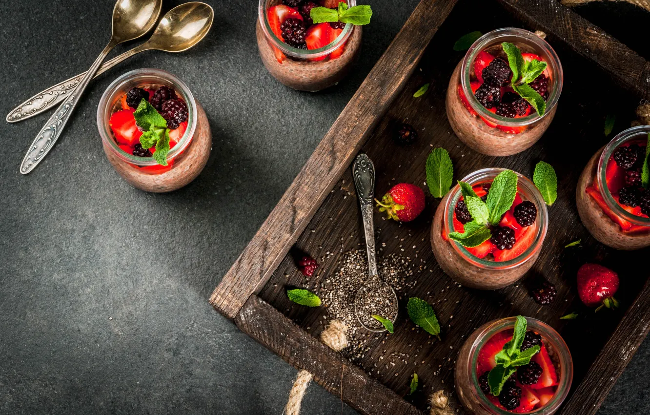Photo wallpaper berries, Breakfast, jars, tray, spoon, pudding, Chia