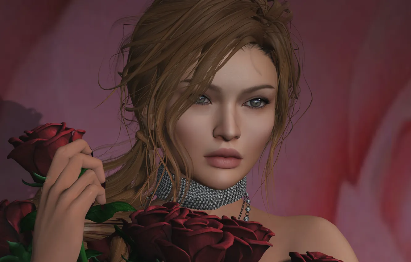 Photo wallpaper girl, face, roses, bouquet