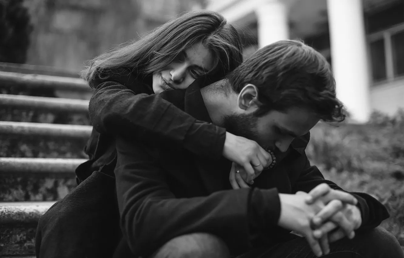 Photo wallpaper girl, hugs, ladder, black and white, male, lovers