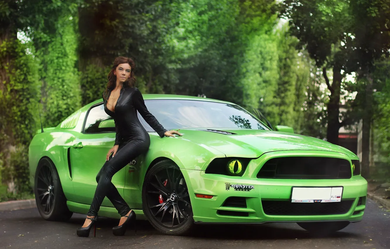 Photo wallpaper road, girl, Ford Mustang, beautiful girl, green car, posing on the car
