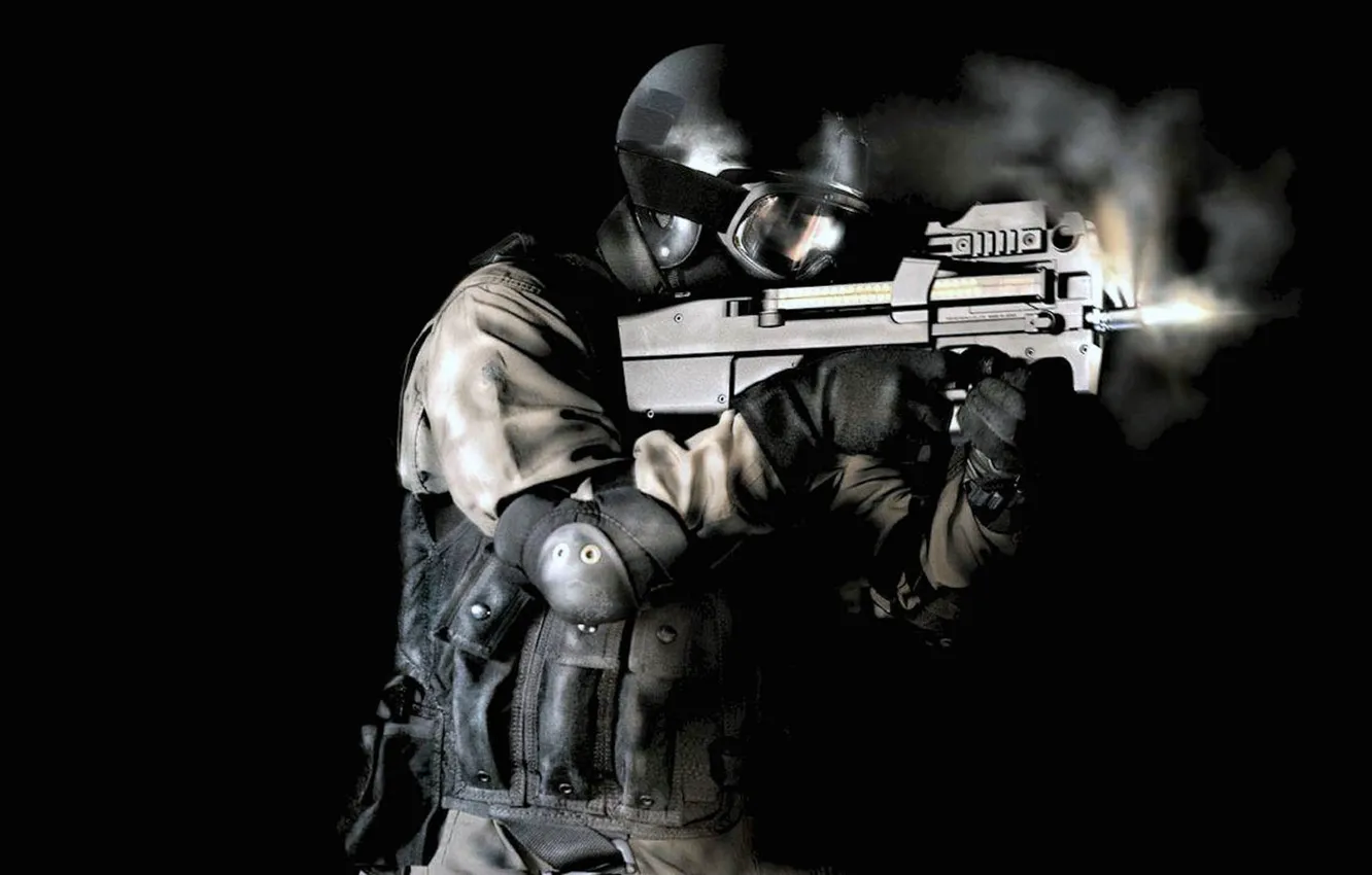 Photo wallpaper fire, black background, shooter, personal defense weapon, Belgian submachine gun, Fabrique Nationale de Herstal, PDW, …