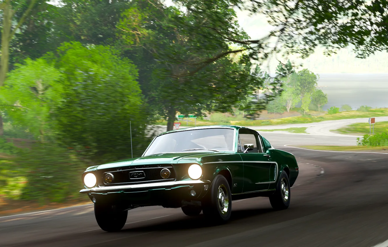 Photo wallpaper car, Ford, vehicle, video games, Forza Horizon 4, green cars, 1965 Ford Mustang