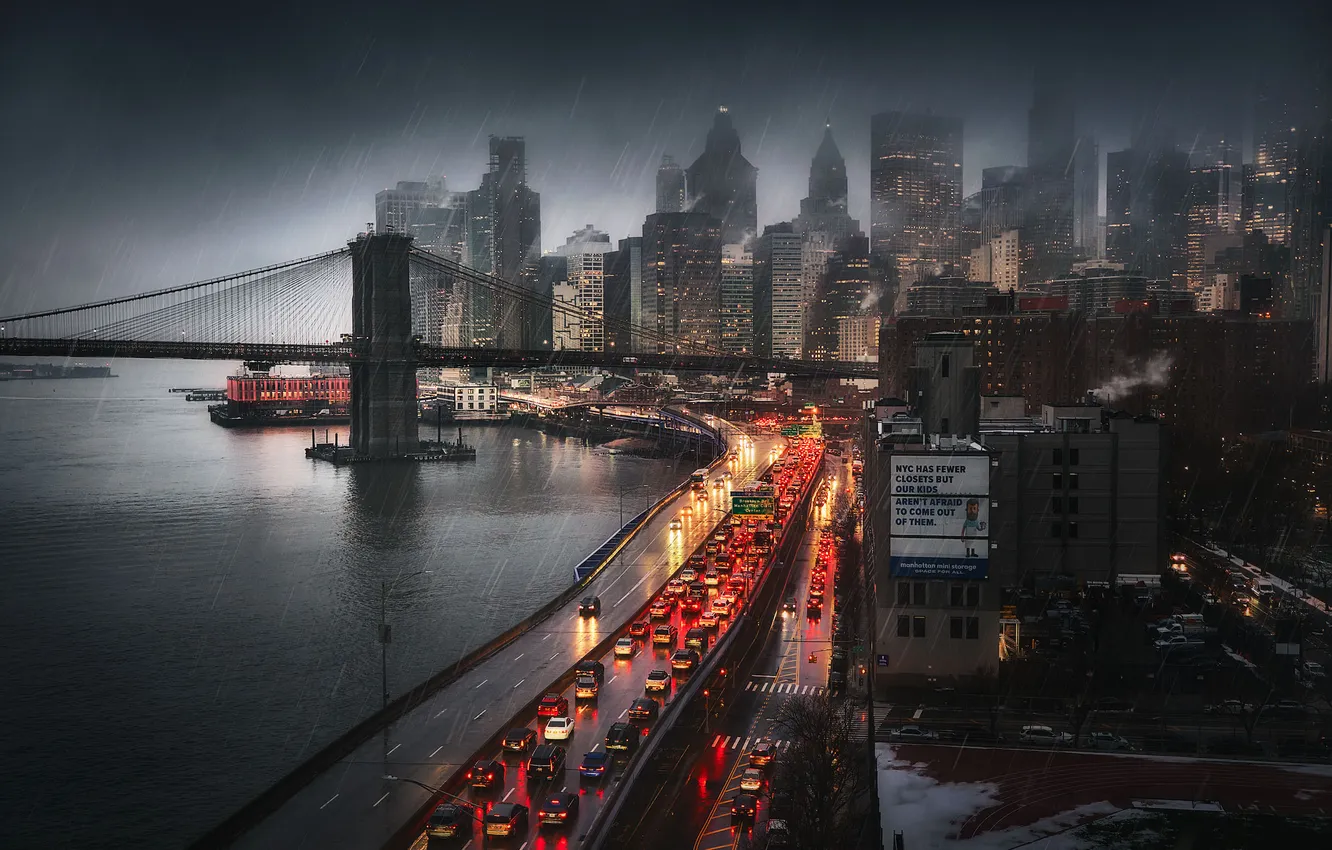 Photo wallpaper road, light, bridge, the city, rain, home, New York, the evening