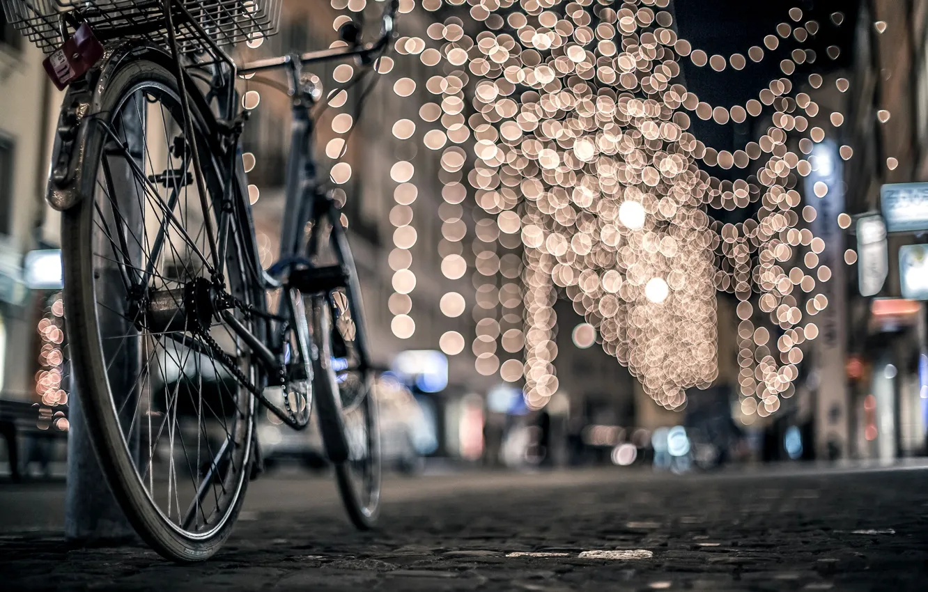 Photo wallpaper winter, road, night, bike, the city, lights, street, post