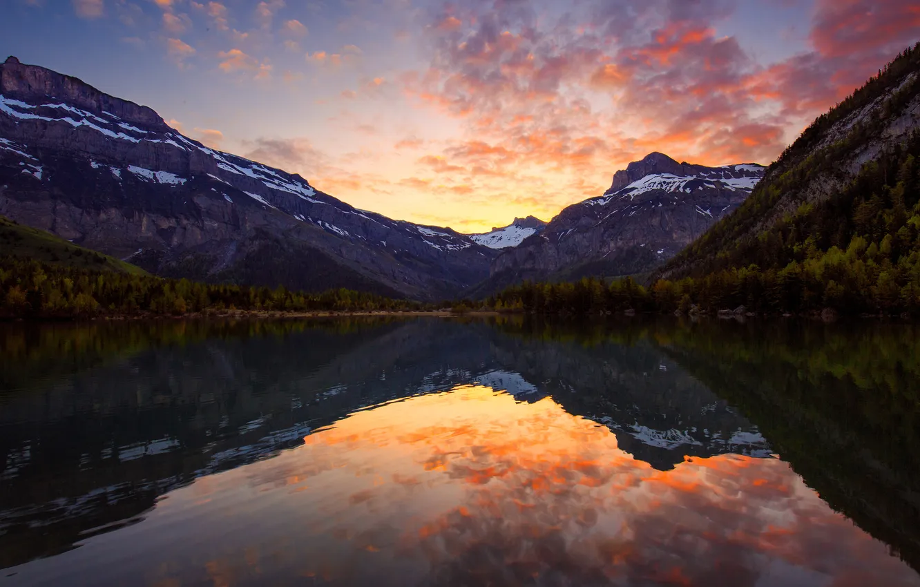 Photo wallpaper forest, the sky, clouds, light, snow, sunset, mountains, lake