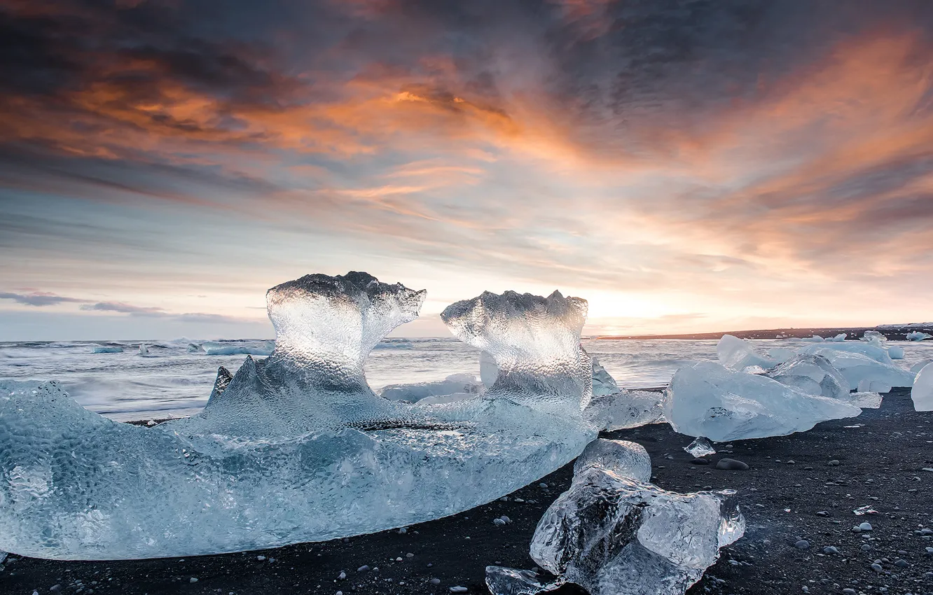 Photo wallpaper sea, beach, light, stones, ice, Iceland, the glacial lagoon of Jökulsárlón