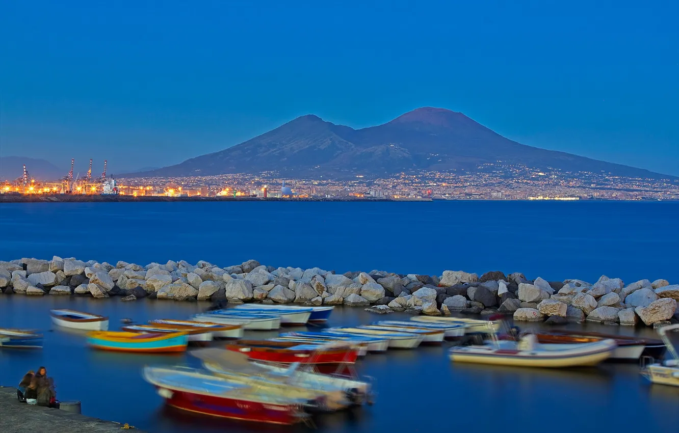 Photo wallpaper lights, mountain, Italy, Bay, Naples, Vesuvius, Campaign