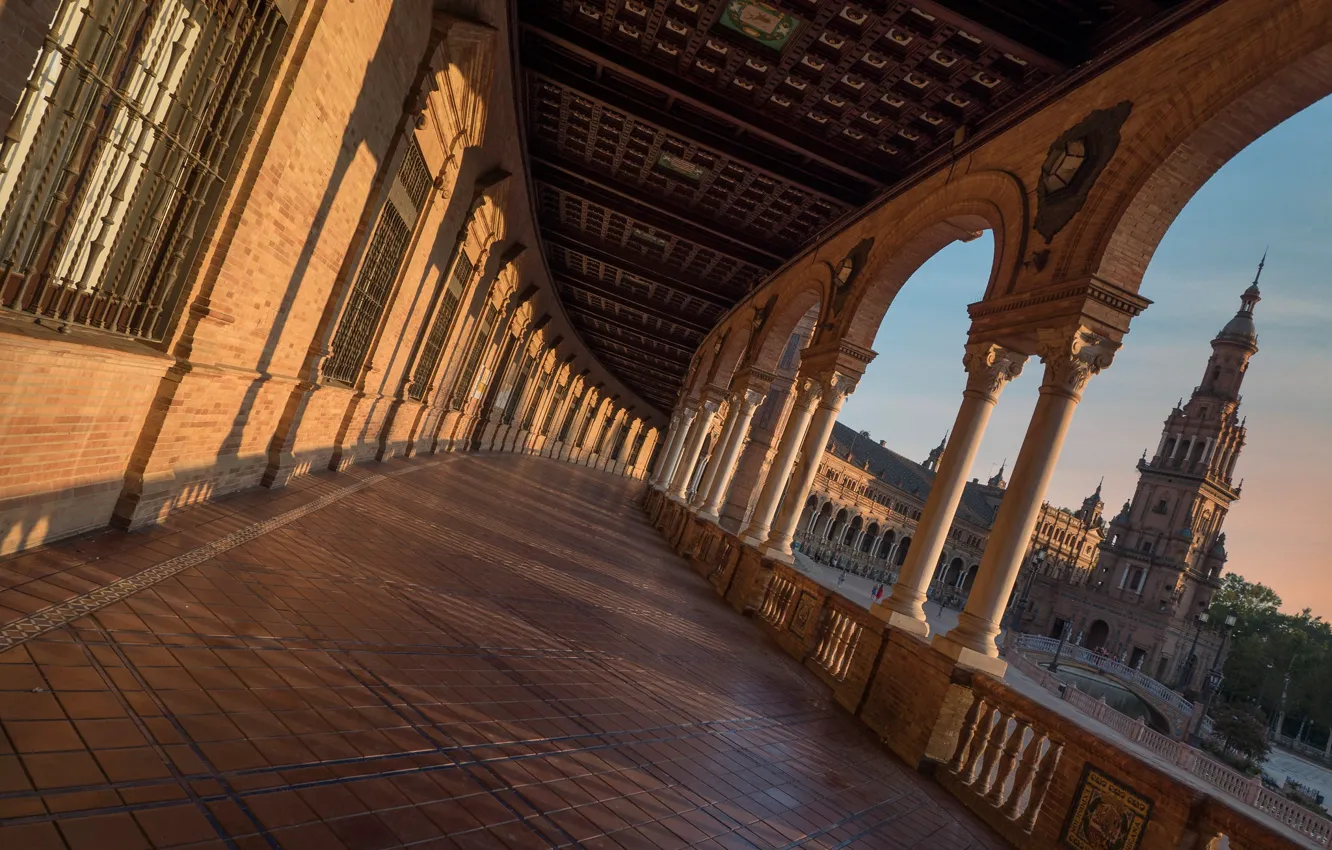 Photo wallpaper tower, gallery, columns, Spain, Spain, Seville, Plaza of Spain, Seville