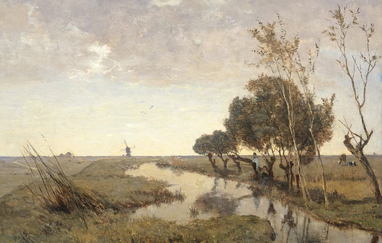 Photo wallpaper landscape, stream, picture, Paul Joseph Constantine Gabriel, Watercourse Near Abcoude