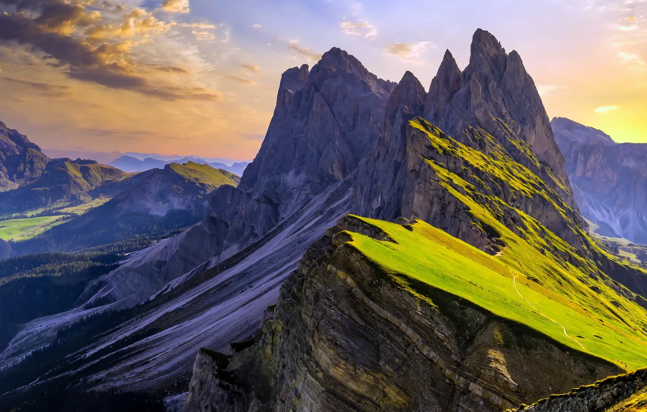 Photo wallpaper clouds, space, Italy, Italy, The Dolomites, Dolomites, Seceda Peak, shadow and light