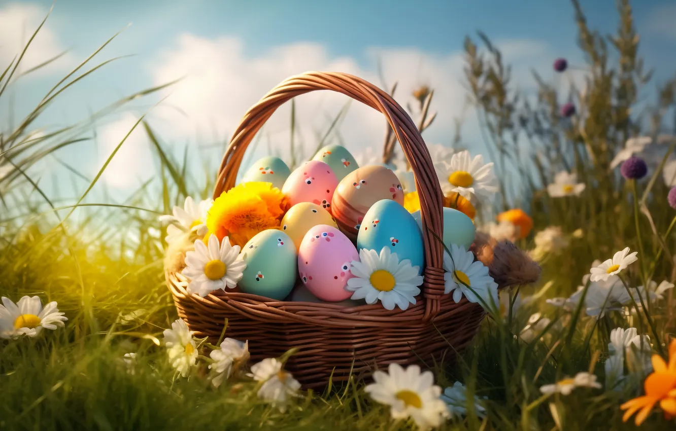 Photo wallpaper flowers, eggs, spring, colorful, Easter, happy, flowers, spring