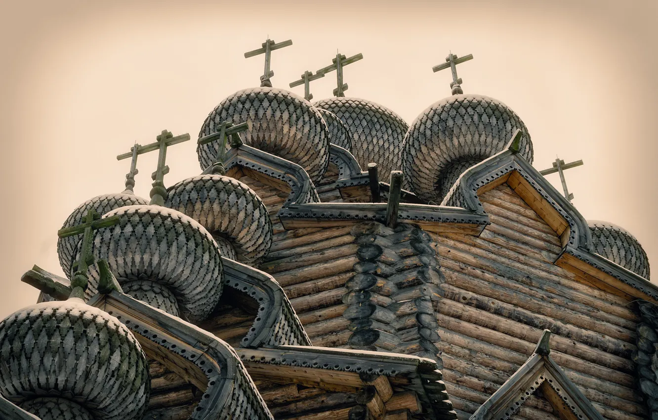 Photo wallpaper Russia, Wooden Pokrovskaya church, Leningrad Oblast, Vsevolozhskiy Raion