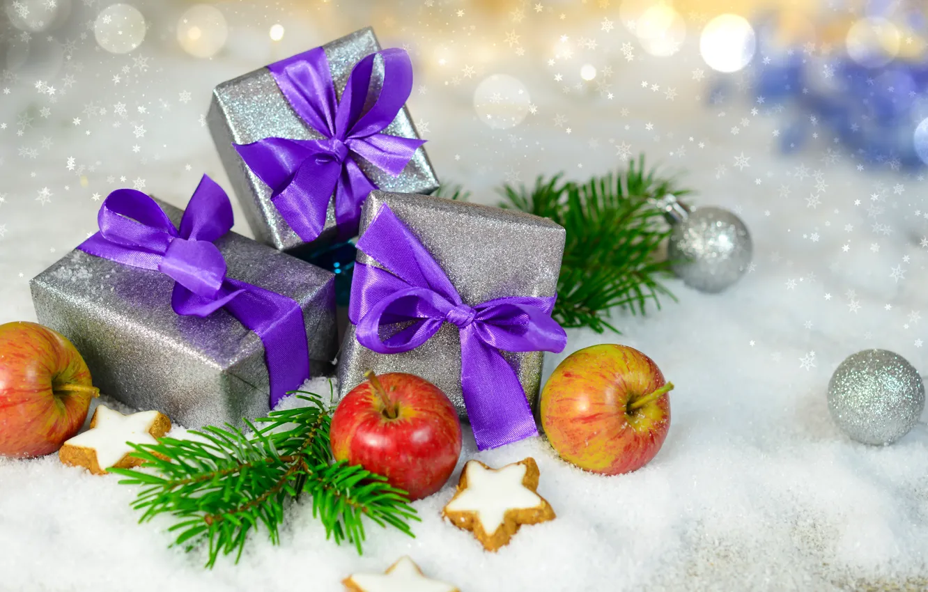 Photo wallpaper winter, snow, tape, apples, cookies, gifts, decor