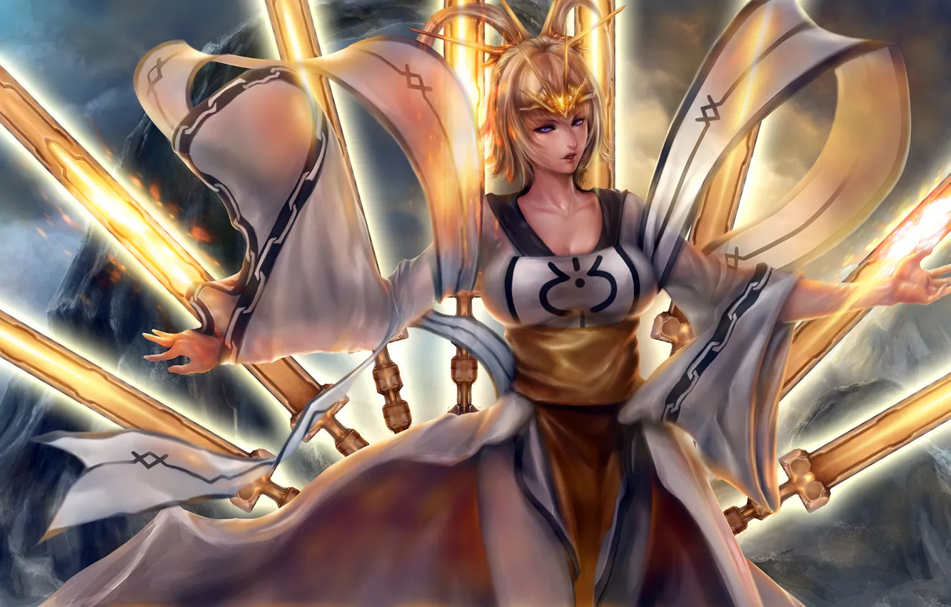 Photo wallpaper eyes, look, girl, face, lights, hair, dress, art