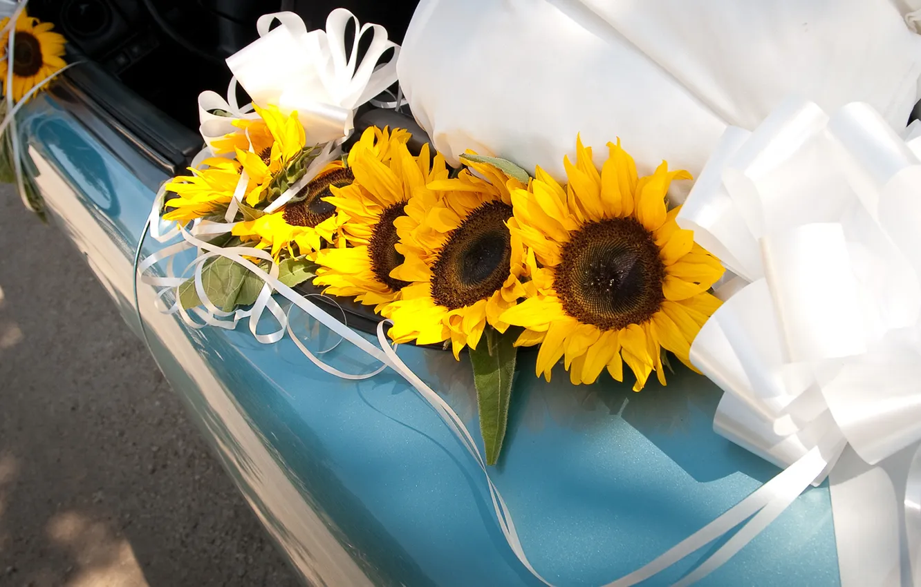 Photo wallpaper flowers, car, wedding, sunflower