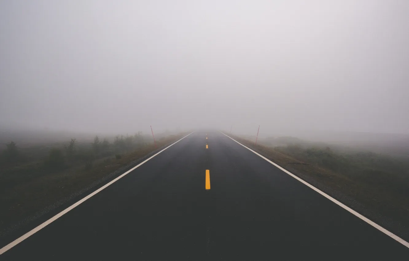 Photo wallpaper road, field, fog, mystery