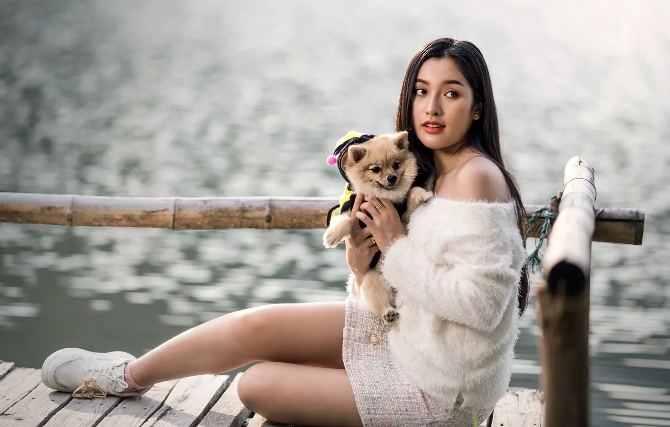 Photo wallpaper girl, pose, dog, puppy, Asian