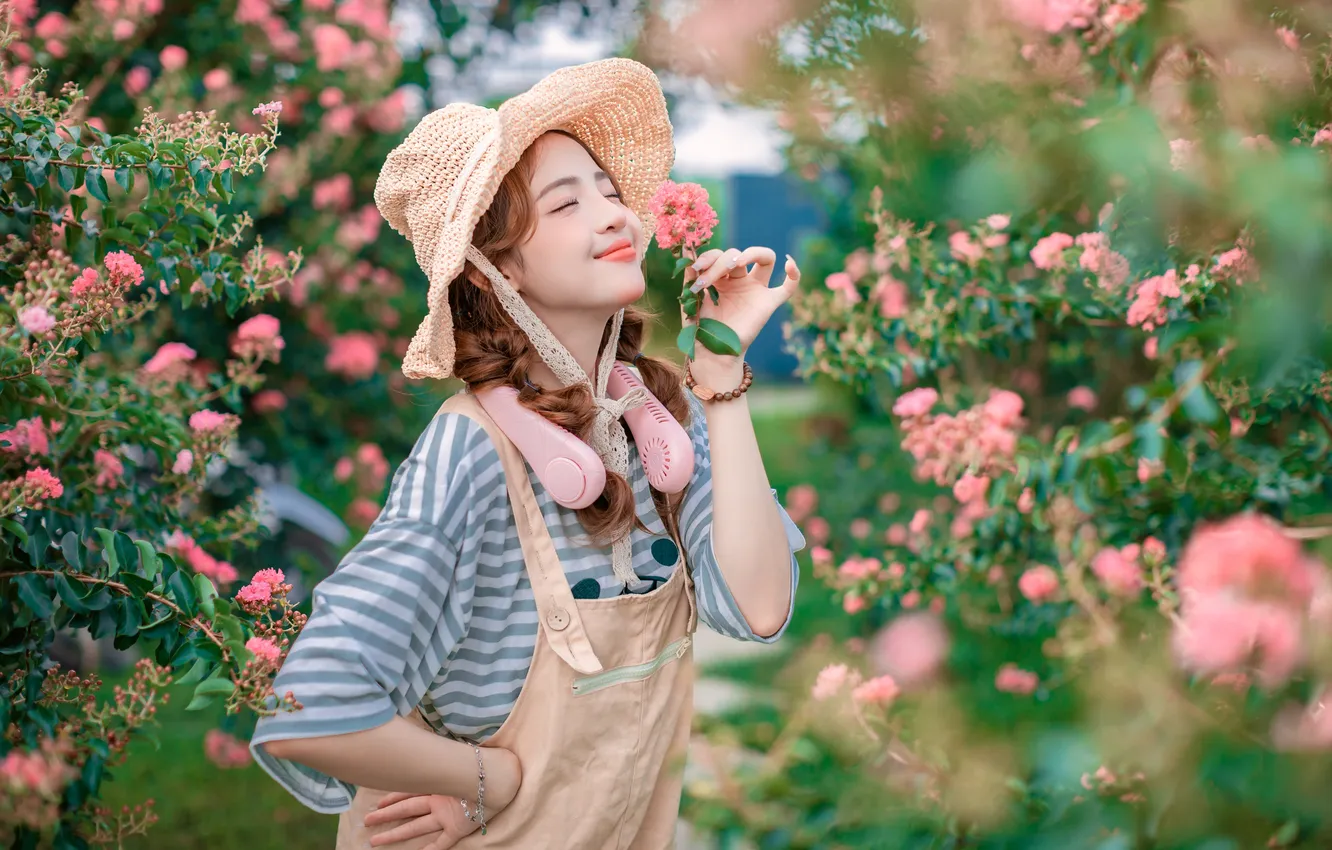 Photo wallpaper pose, flowers, makeup, girl, nature, summer, Asian