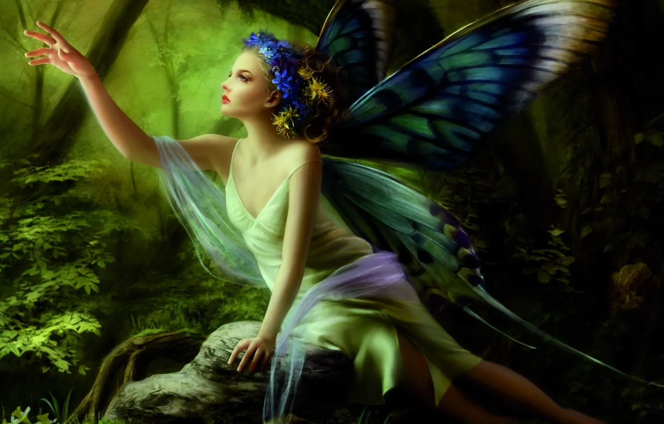 Photo wallpaper forest, girl, butterfly, flowers, stone, hand, wings, fairy