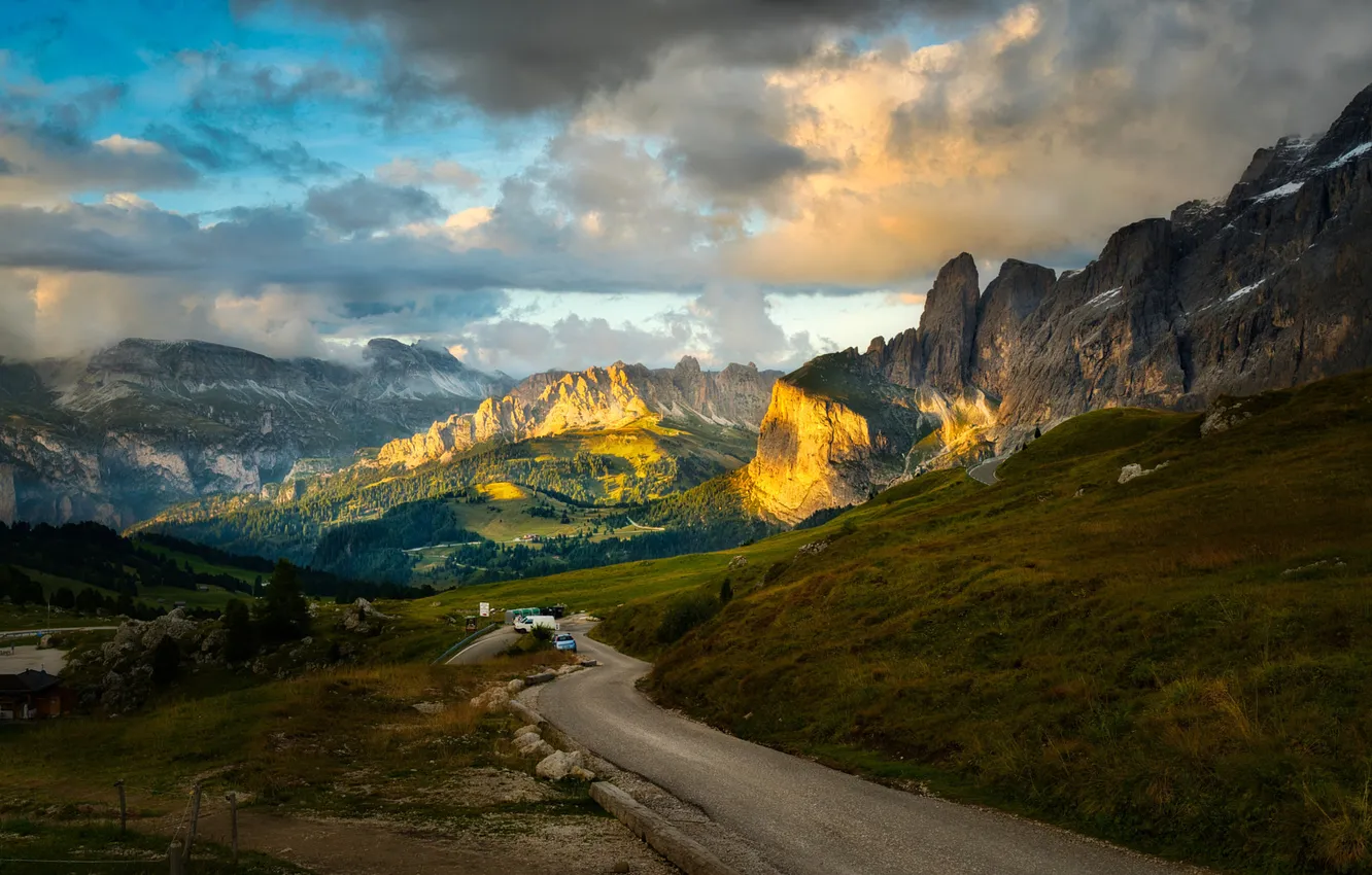 Photo wallpaper road, field, machine, forest, the sky, clouds, light, mountains