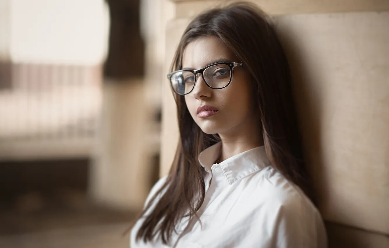 Photo wallpaper look, model, portrait, makeup, glasses, hairstyle, blouse, brown hair