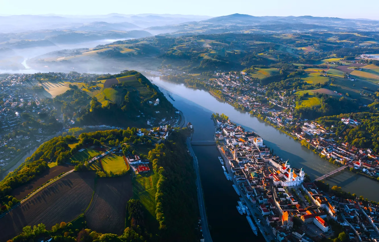Photo wallpaper river, Germany, Bavaria, Town, aerial view, Passau, Danube