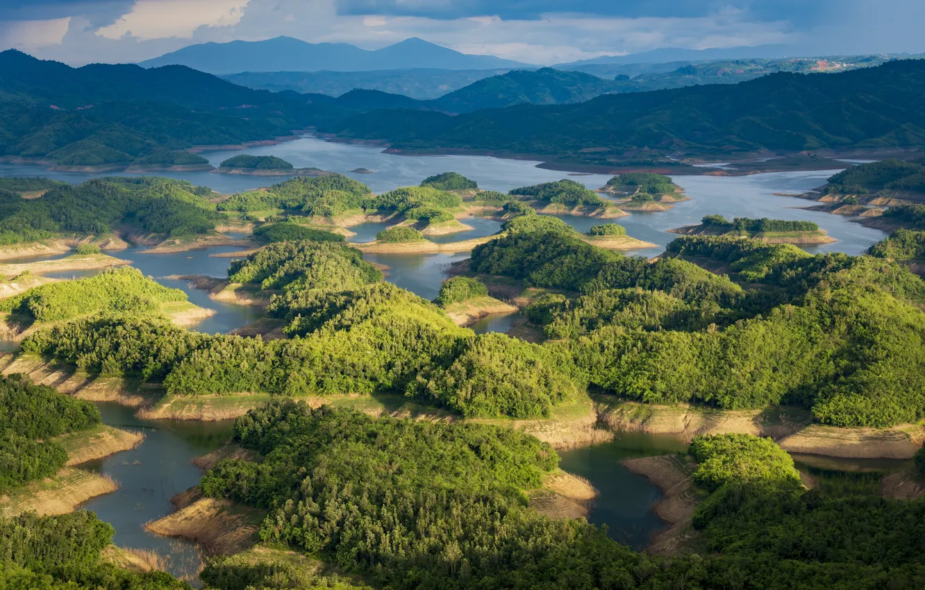 Photo wallpaper greens, forest, light, mountains, lake, blue, hills, shore