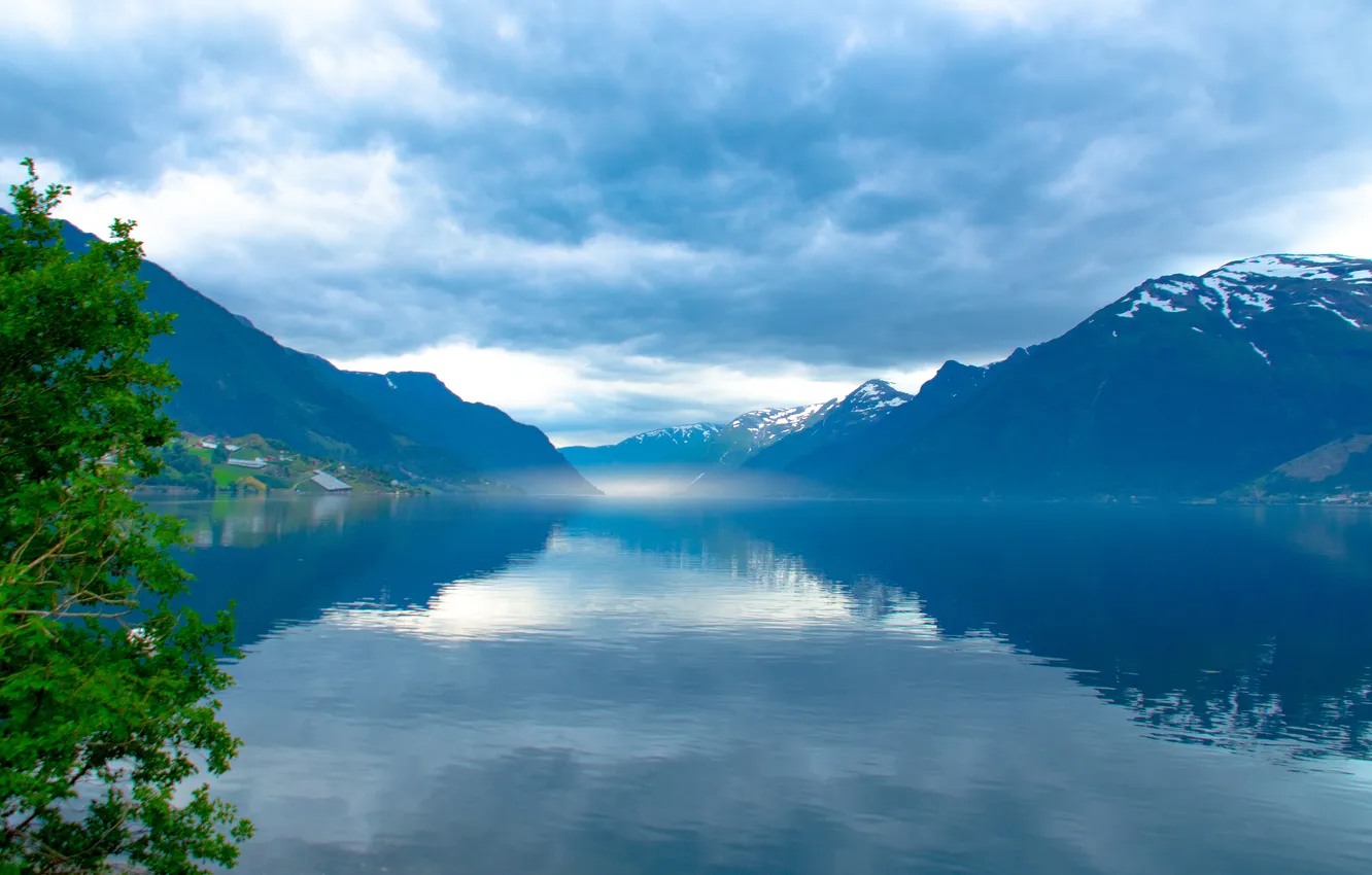 Photo wallpaper the sky, clouds, trees, mountains, branches, fog, reflection, blue