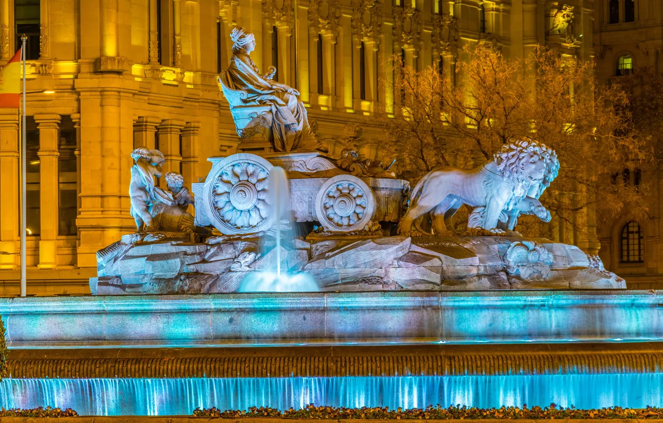 Photo wallpaper tree, the building, the evening, fountain, sculpture, Spain, Madrid, Cibeles Fountain
