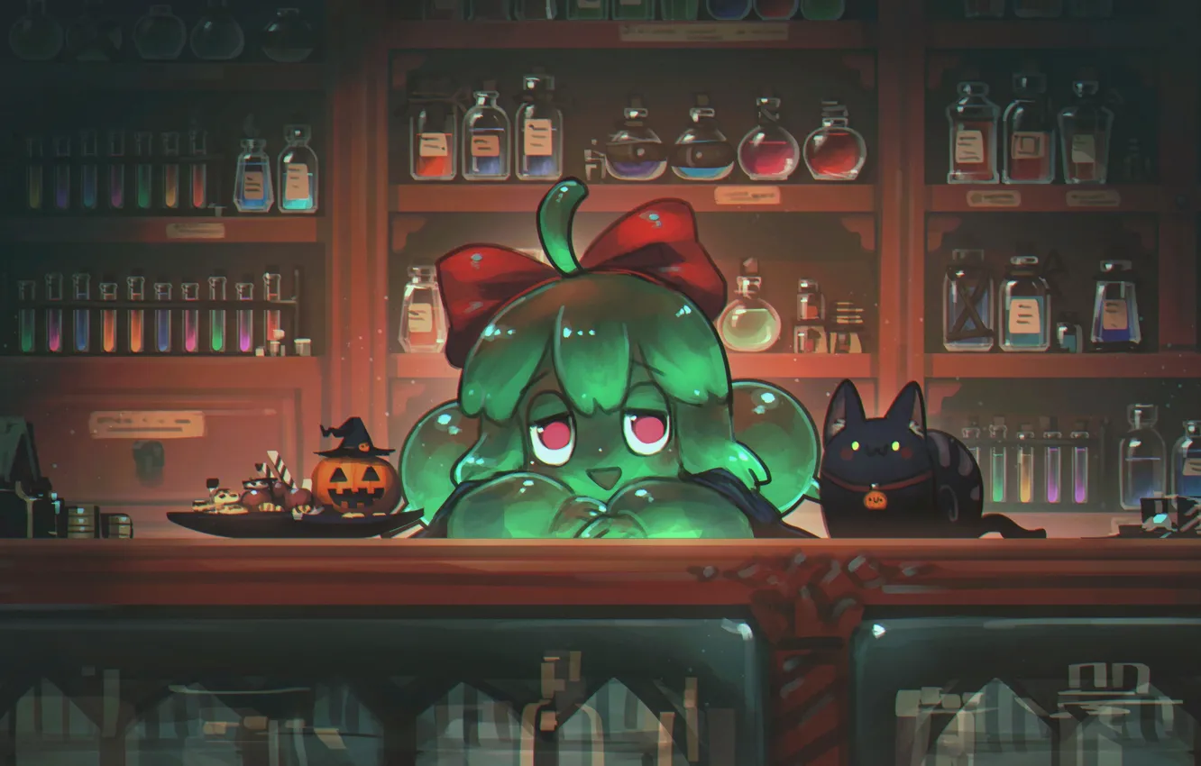 Photo wallpaper cat, costume, Halloween, shelves, Jack, Kiki, jiji, kikis delivery service