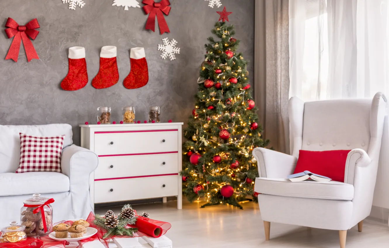 Photo wallpaper New Year, Christmas, merry christmas, interior, decoration, christmas tree, holiday celebration