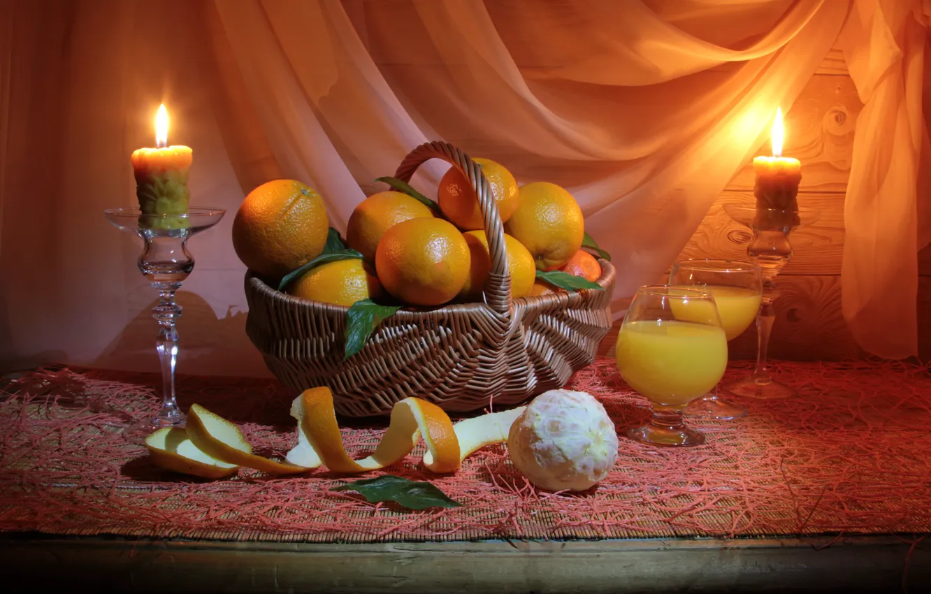Photo wallpaper table, fire, basket, oranges, candles, glasses, juice, still life