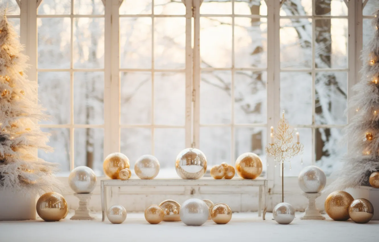 Photo wallpaper winter, frost, glass, balls, light, snow, trees, branches