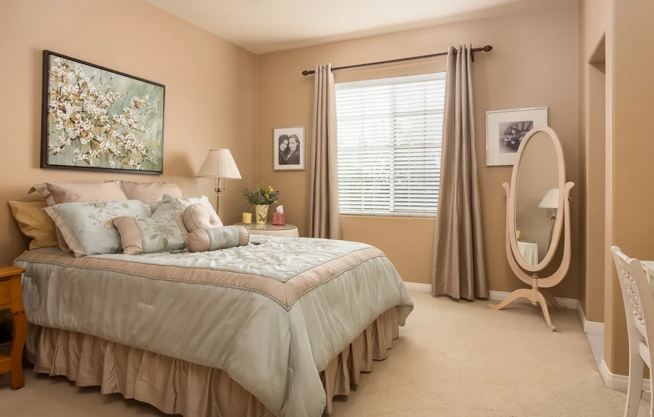 Photo wallpaper design, style, bed, pillow, mirror, bedroom, decor