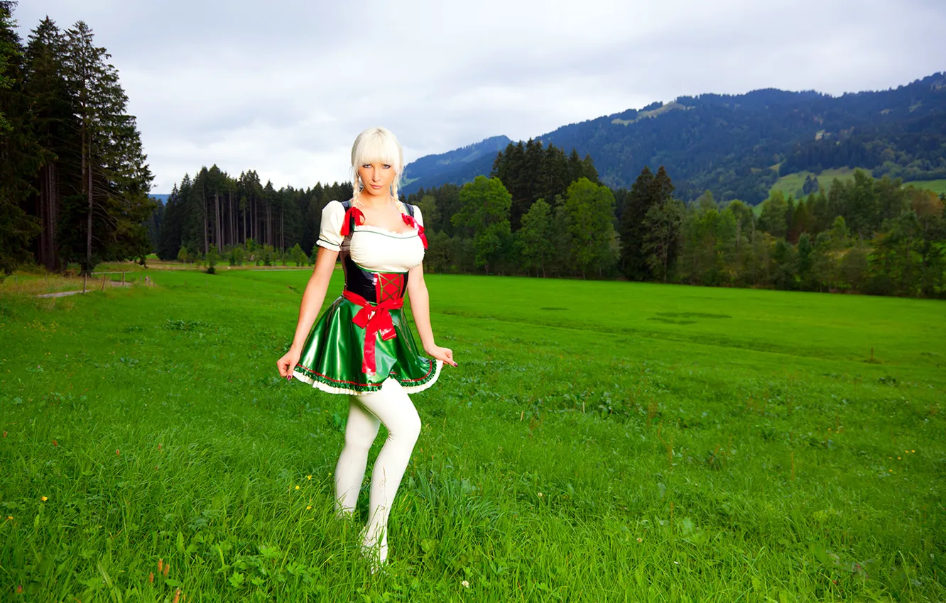 Photo wallpaper grass, trees, mountains, nature, skirt, meadow, blonde, costume