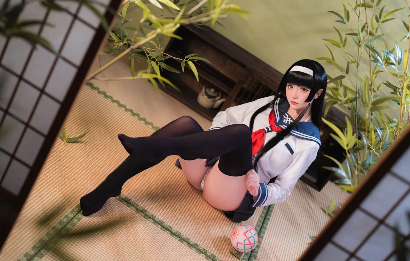 Photo wallpaper stockings, women, asian, Black Stockings, Schoolgirl, Sailor Uniform, Hoshilily