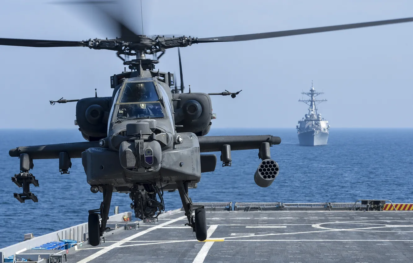 Photo wallpaper sea, ship, deck, USA, helicopter, combat, the rise, Apache