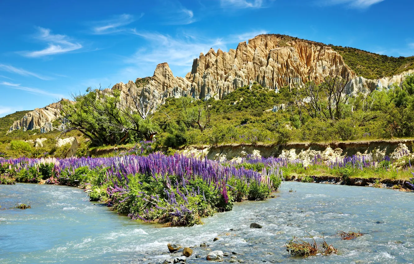 Photo wallpaper the sky, trees, mountains, nature, river, blue, flowering, lavender