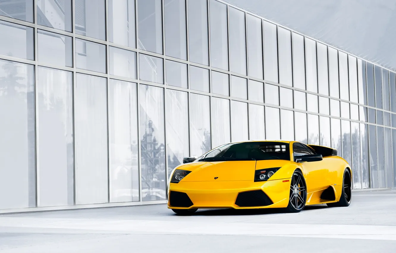 Photo wallpaper yellow, supercar, Lamborghini Murcielago, Lamborghini, Parking space