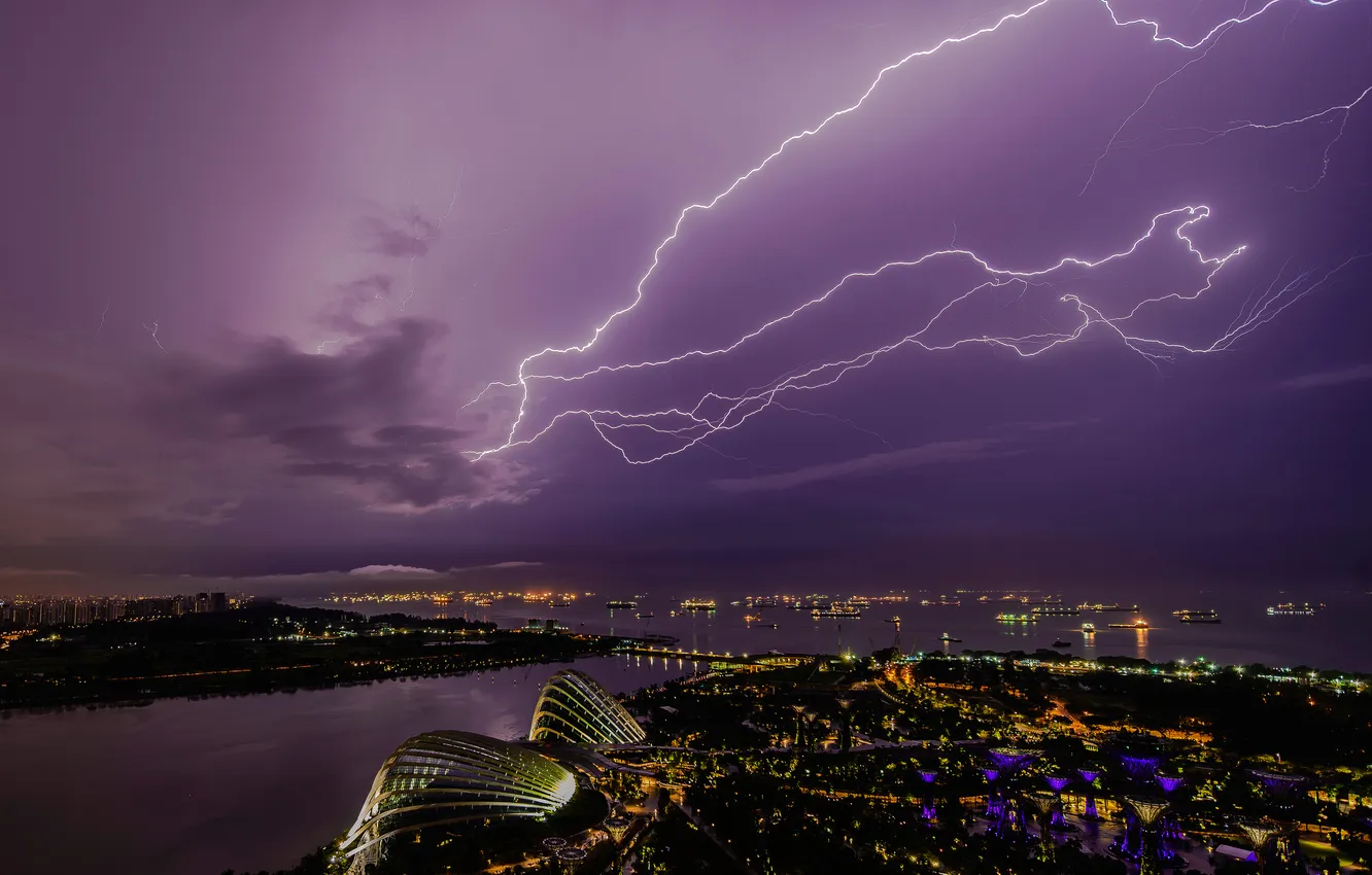 Photo wallpaper the storm, night, the city, lightning, Singapore