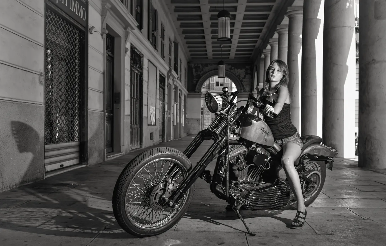 Photo wallpaper girl, black and white, bike