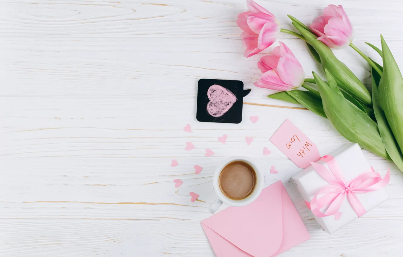 Photo wallpaper love, flowers, gift, Cup, hearts, tulips, love, pink