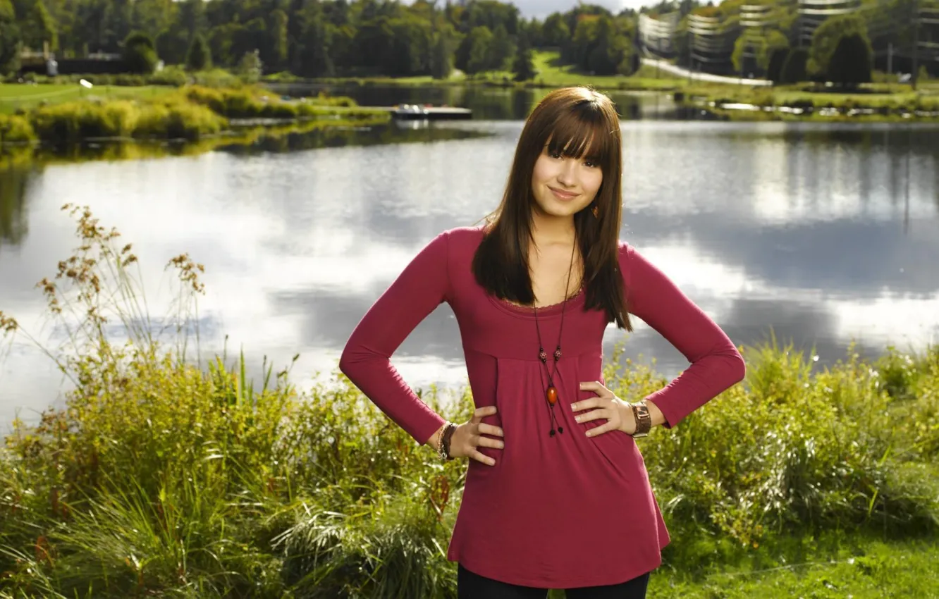 Photo wallpaper greens, grass, water, girl, smile, lake, brown hair, Demi Lovato