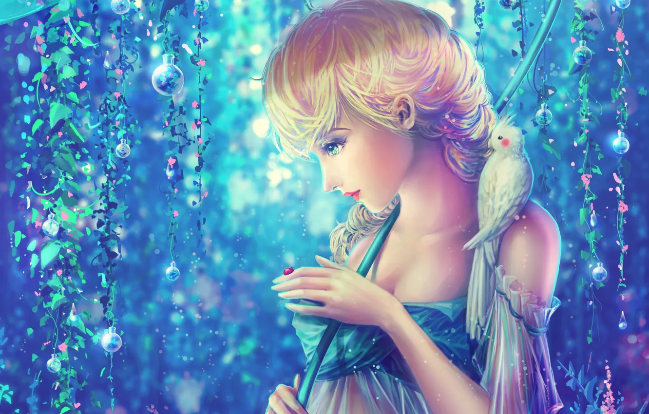 Photo wallpaper girl, Rosa, bird, ladybug, parrot