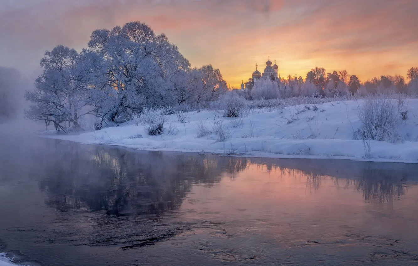 Photo wallpaper winter, snow, trees, landscape, sunset, nature, river, frost