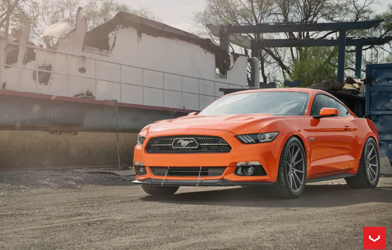 Photo wallpaper mustang, wheels, ford, 5.0, orange, vossen