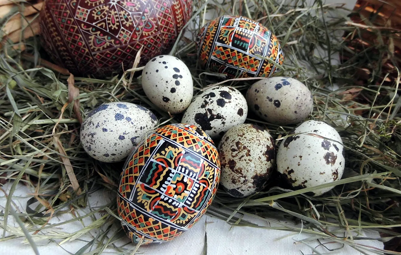 Photo wallpaper eggs, Easter, hay