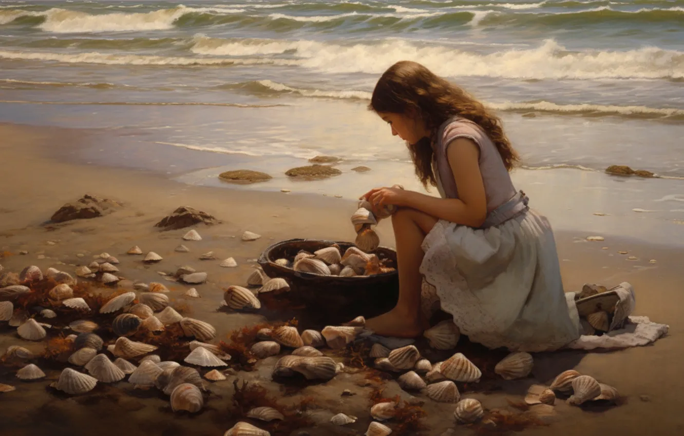Photo wallpaper girl, shore, shell, AI art, neural network