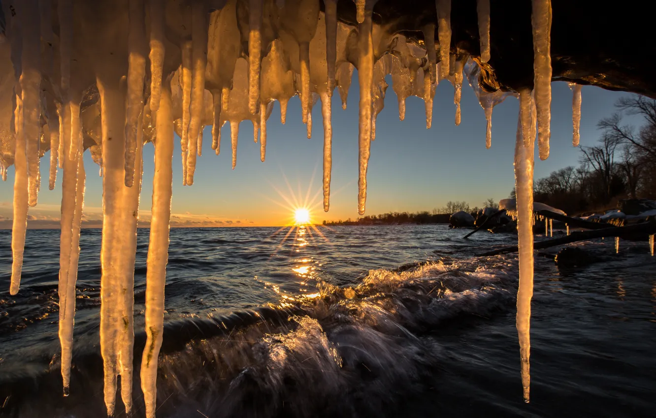Photo wallpaper winter, sunset, lake, icicles, Canada, Canada, Lake Ontario, lake Ontario